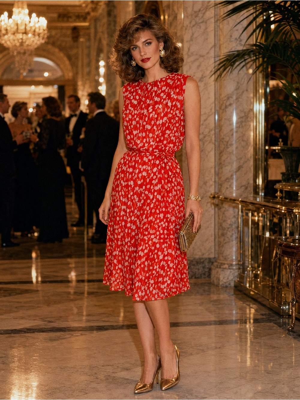 80s Vintage 100% Silk Red Abstract Print Cape Dress | Pleated Cocktail Dress